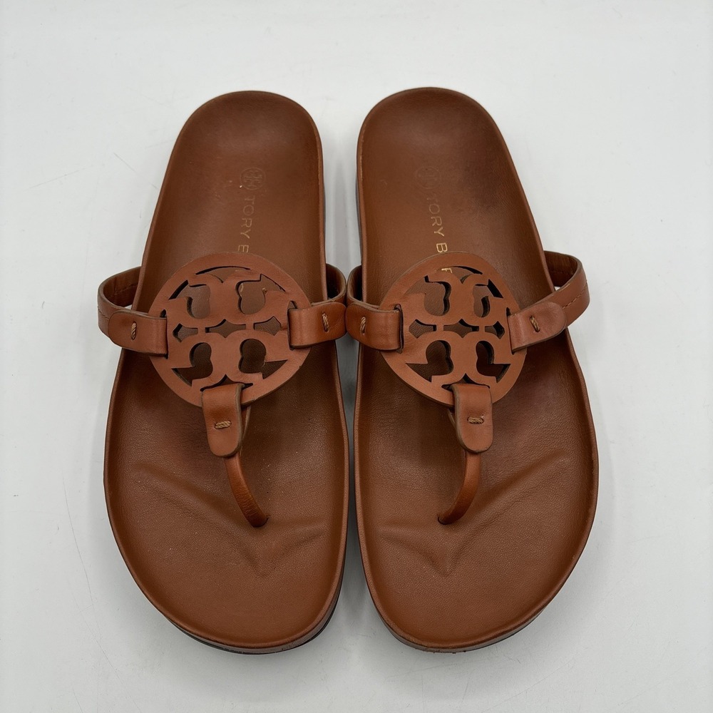 Tory Burch Miller Cloud Sandals Women's 8.5 Aged Camello Tan Leather Thong - Picture 2 of 11
